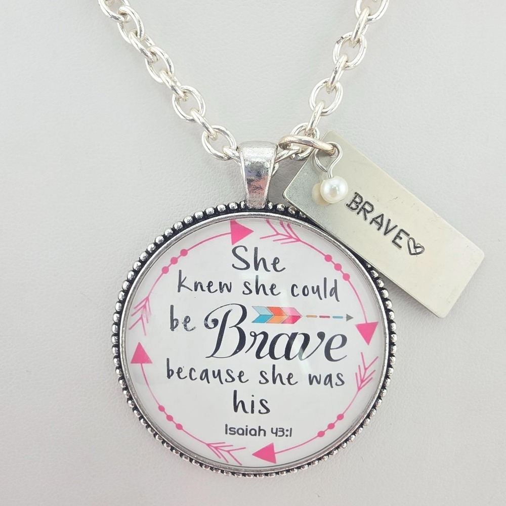 PLUNDER Brave Isaiah 43:1 Necklace Glass Inscribed Faux Pearl Rhodium Plate 30"